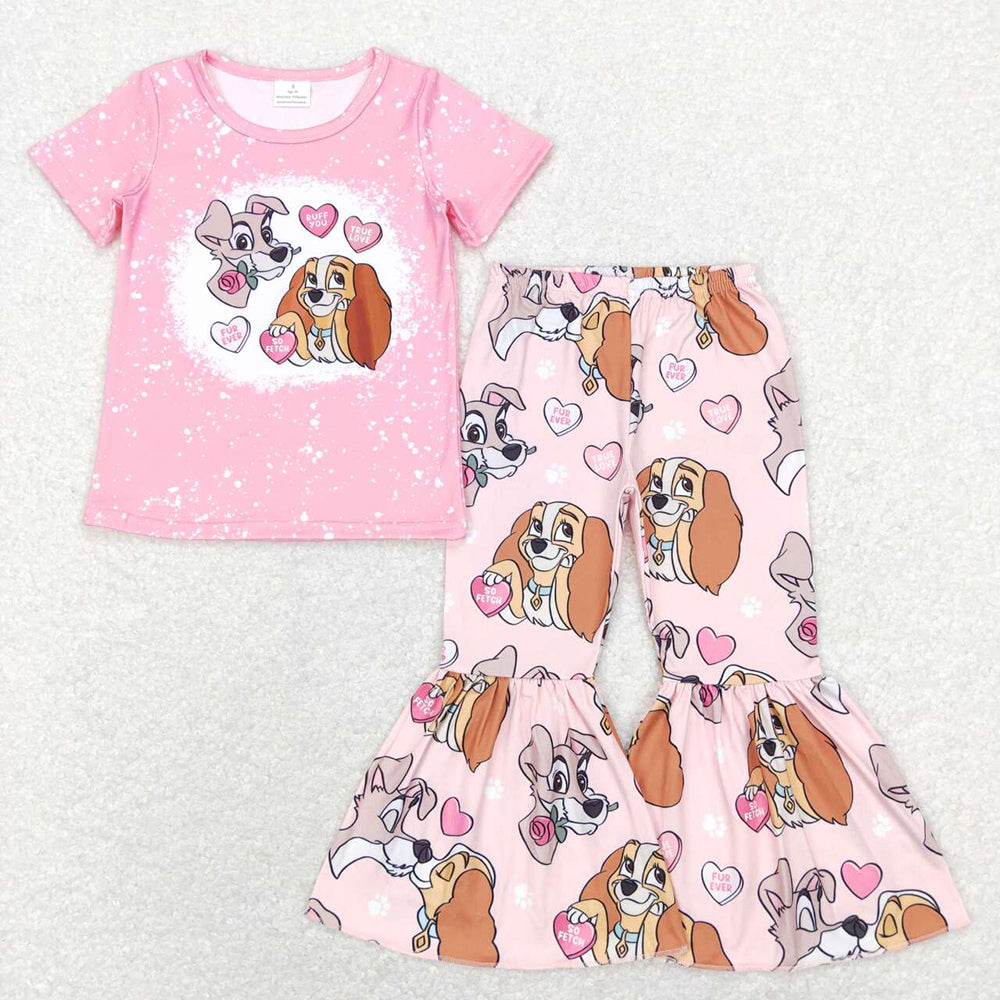 Baby Girls Pink Dogs Valentines Tee Top Bell Bottom Pants Clothes Sets