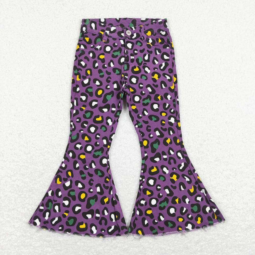 Baby Girls Mardi Gras Purple Leopard Bell Denim Pants Jeans