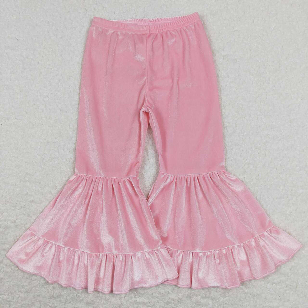 Baby Girls Red Pink Velvet Ruffle Valentines Bell Bottom Pants