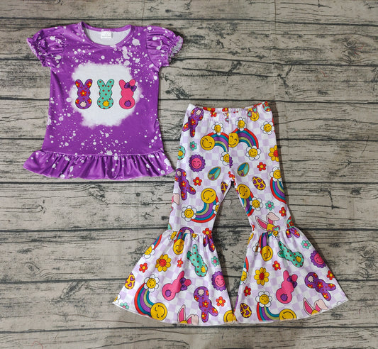 Baby Girls Purple Easter Rabbits Short Sleeve Top Flare Pants Outfits Clothes Sets