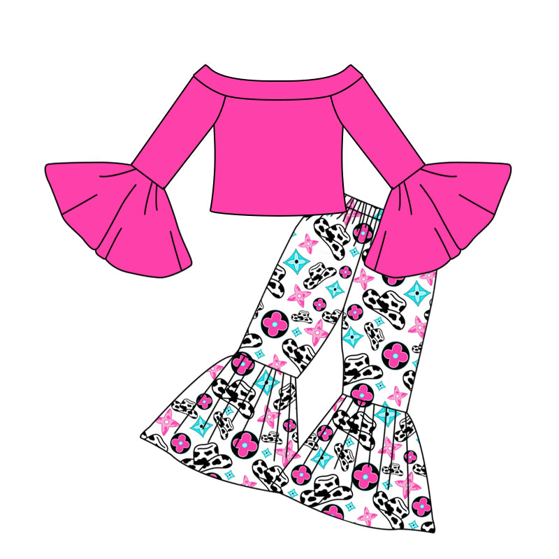 Baby Girls Pink Western Off Shoulder Shirt Bell Pants Clothes Sets preorder(moq 5)