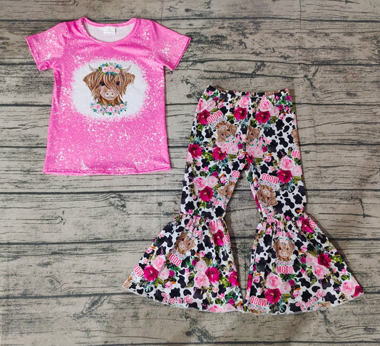 Baby Girls Flowers Highland Cow Shirt Bell Bottom Pants Clothes Sets