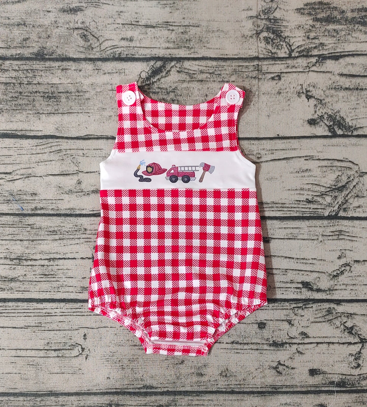 Baby Infant Boys Fire Truck Checkered Summer Sleeveless Rompers