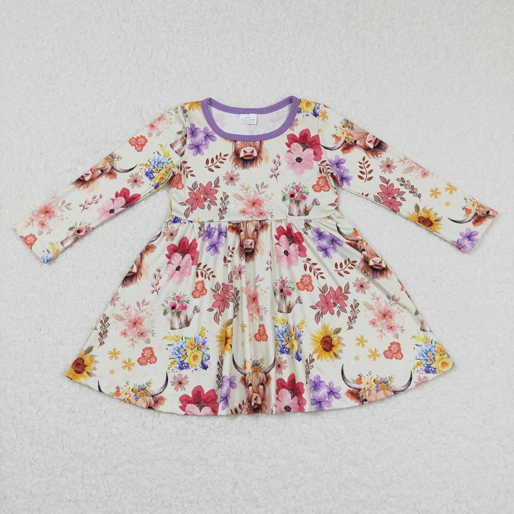 Baby Girls Long Sleeve Highland Cow Purple Flowers Western Knee Length Dresses