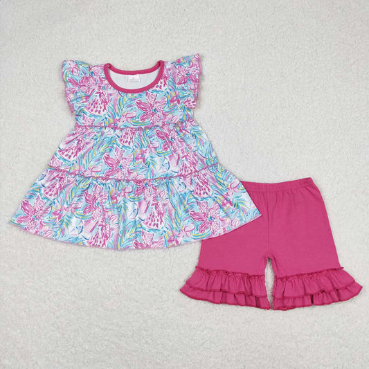Baby Girls Green Flowers Tunic Dark Pink Shorts Summer Clothes Sets