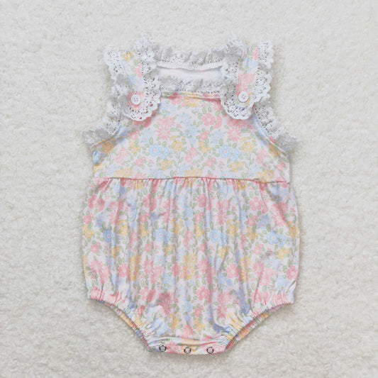 Baby Girls Orange Flowers Ruffle Sleeveless Bubble Rompers
