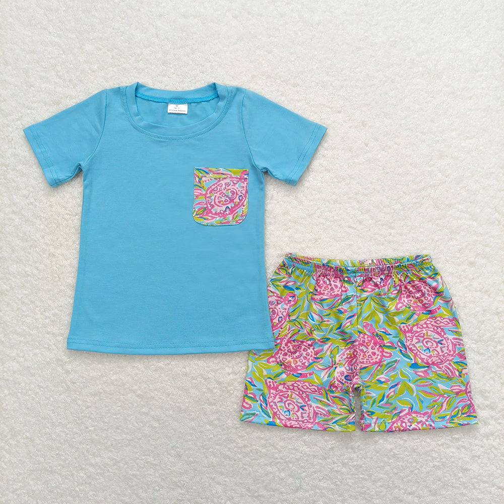 Baby Boys Blue Short Sleeve Tee Shirts Tops Turtle Shorts Clothes Sets