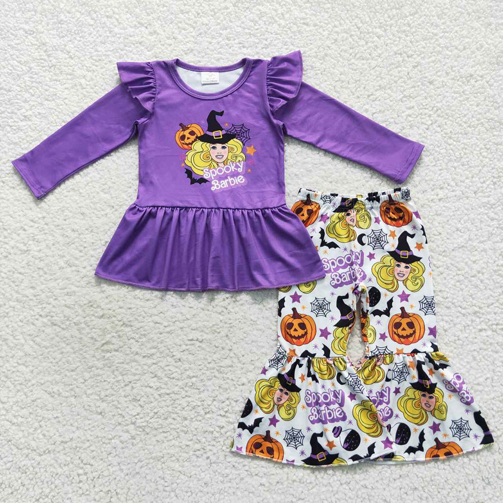 Baby Girls Halloween Doll Pumpkin Purple Bell Pants Clothes Sets