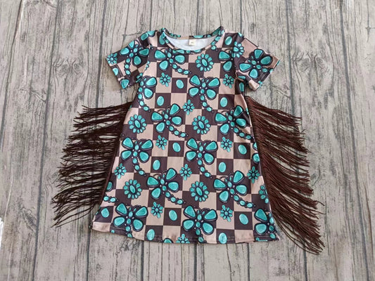 Preorder (moq 5)Baby Girls Western Turquoise Dragonfly Tassel Knee Length Dresses