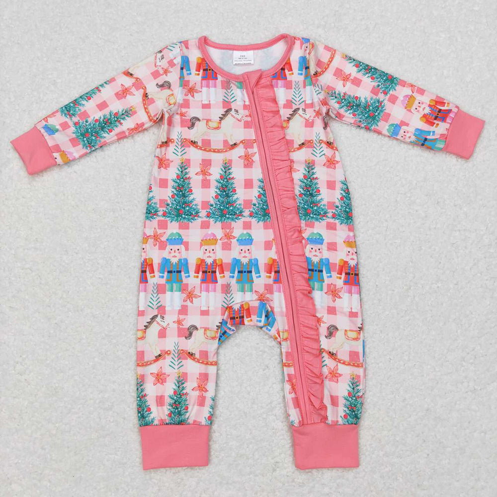 Baby Girls Christmas Pink Horse Ruffle Zip Long Sleeve Rompers