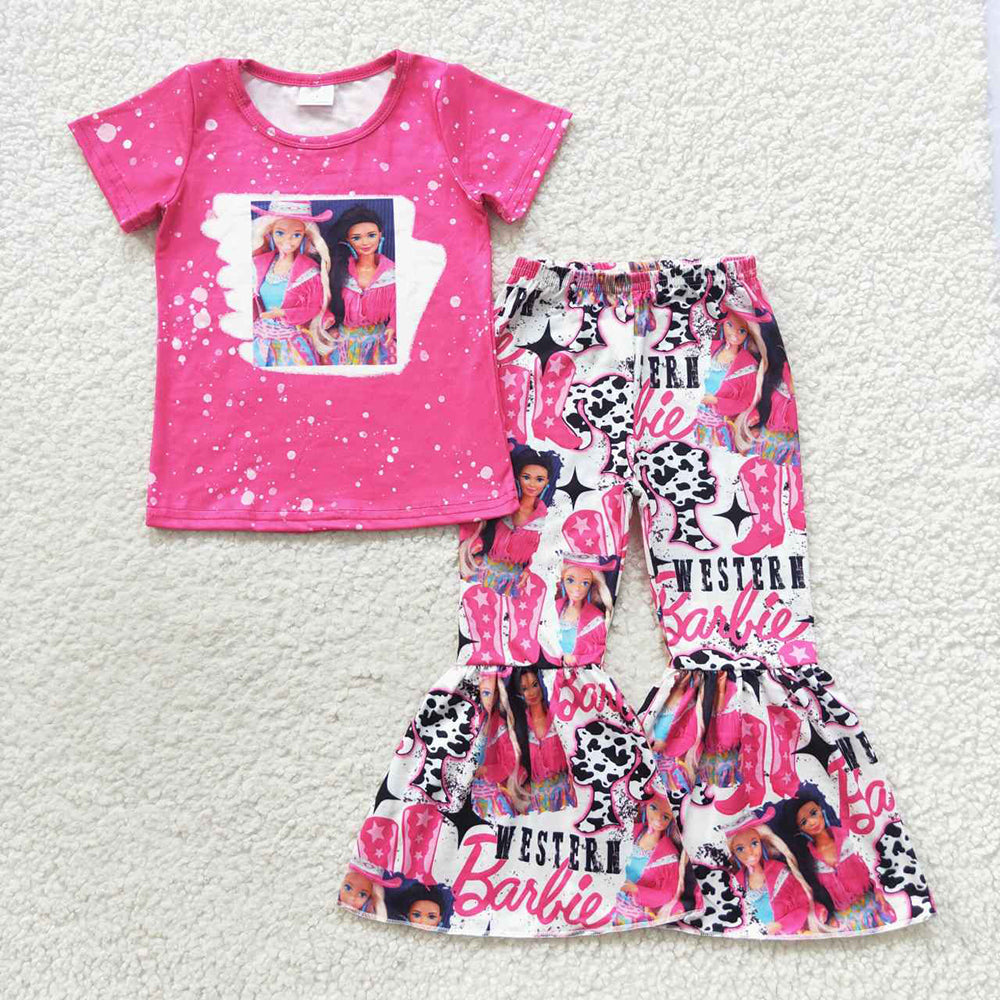 Baby Girls Pink Short Sleeve Top Western Doll Bell Pants Clothes Sets