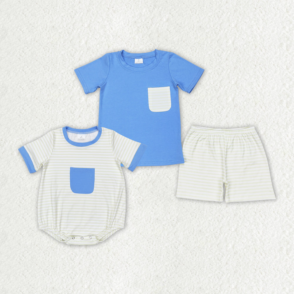 Baby Boys Blue Pocket Sibling Brother Rompers Clothes Sets