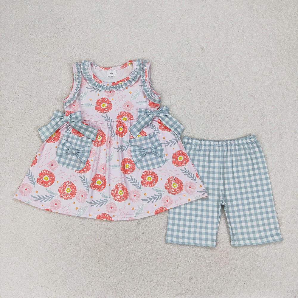 Baby Girls Flowers Tunic Green Checkered Shorts Clothes Sets