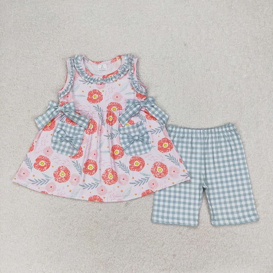 Baby Girls Flowers Tunic Green Checkered Shorts Clothes Sets