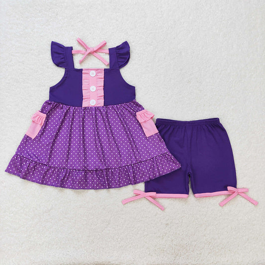 Baby Girls Black Purple Dots Princess Flutter Sleeve Tunic Top Shorts Clothes Sets