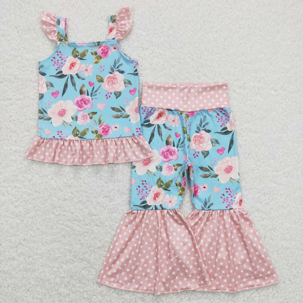 Baby Girls Blue Flowers Ruffle Top Bell Bottom Pants Clothes Sets