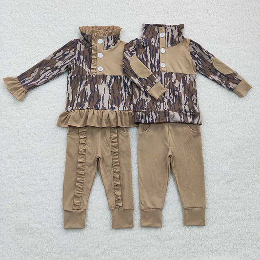 Baby Girls Boys Fall Camo Shirt Khaki Pants Sibling Clothing Sets