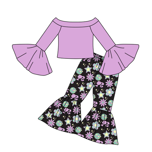 Baby Girls Purple Doll Off Shoulder Shirt Bell Pants Clothes Sets preorder(moq 5)