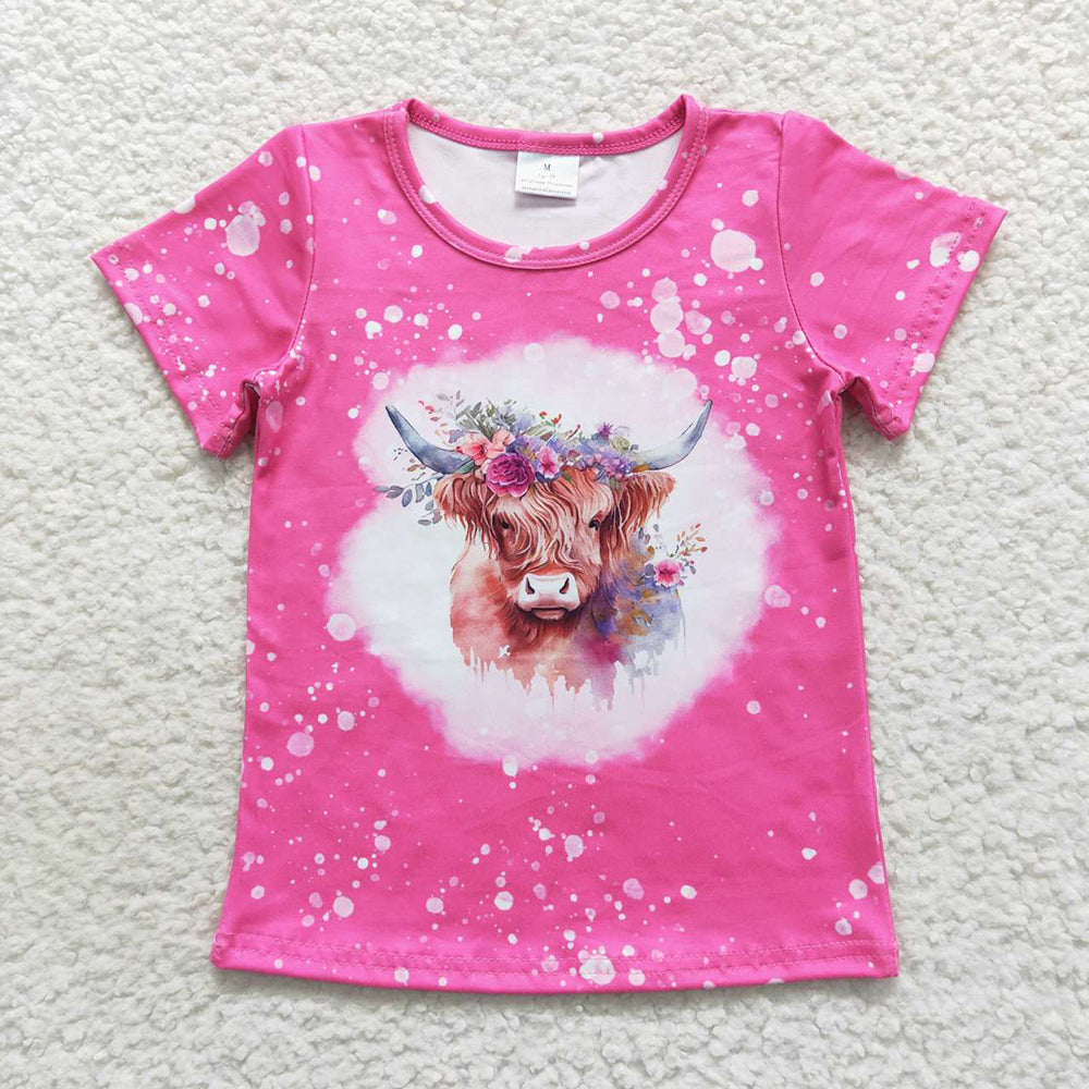 Baby Girls Highland Cow Flowers Short Sleeve Shirts Tops