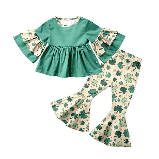 Baby Girls Green Tunic Quatrefoil St Patrick Day Bell Pants Clothing Sets Preorder(moq 5)