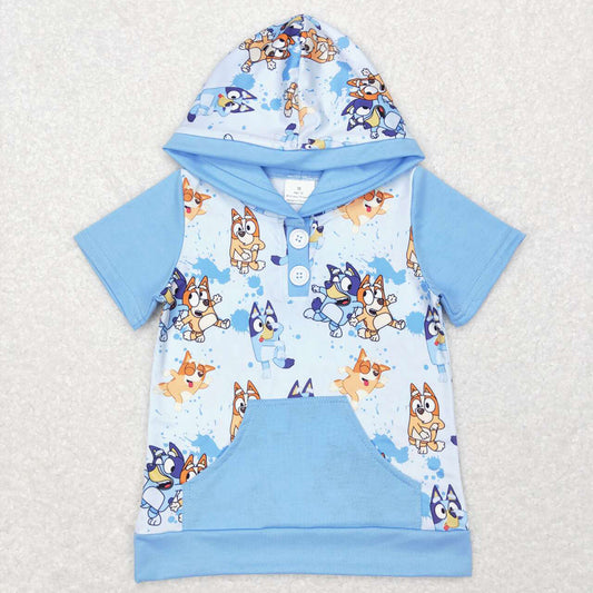 Baby Children Boys Blue Dog Hooded Short Sleeve Shirts Tops