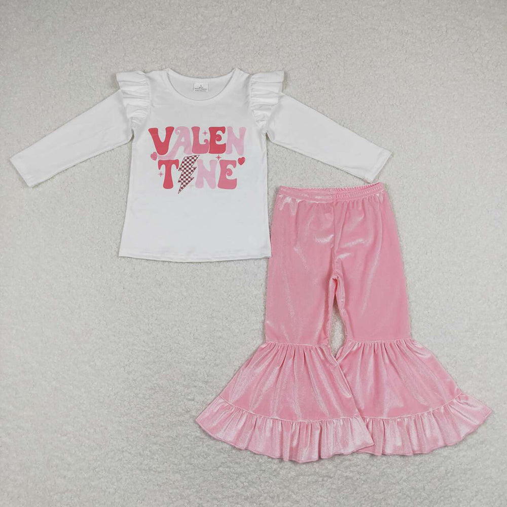 Baby Girls White Valentines Shirt Top Velvet Bell Pants Clothes Sets