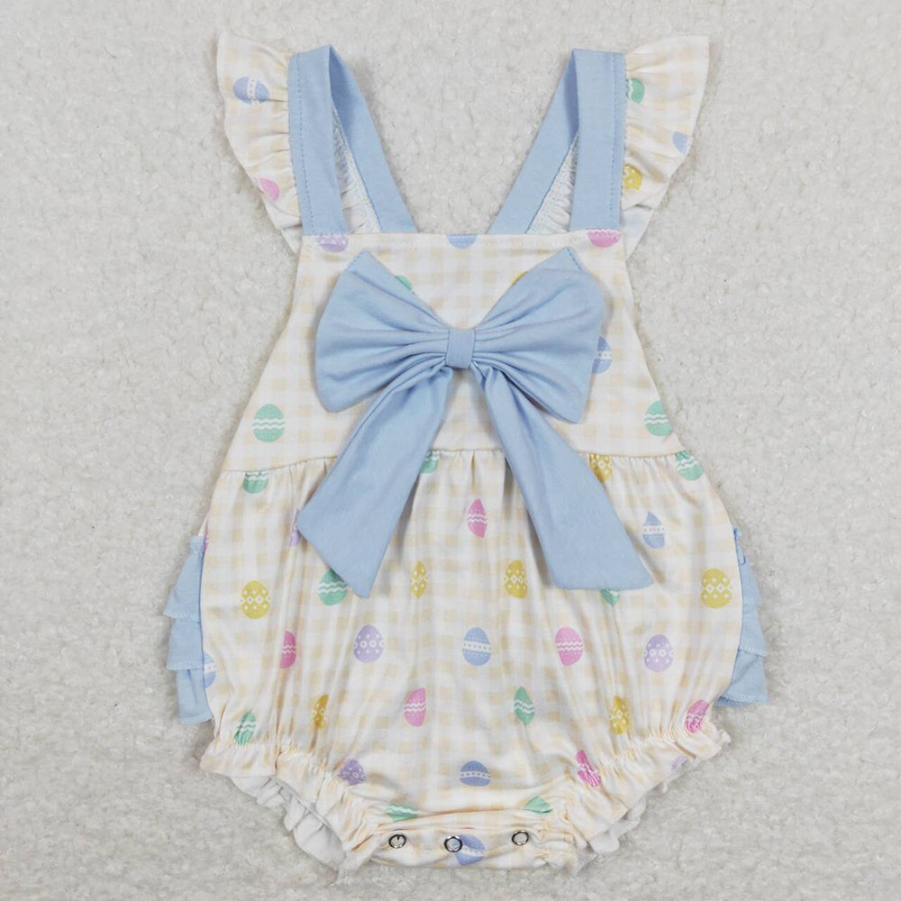 Baby Infant Girls Easter Eggs Bow Ruffle Bubble Rompers