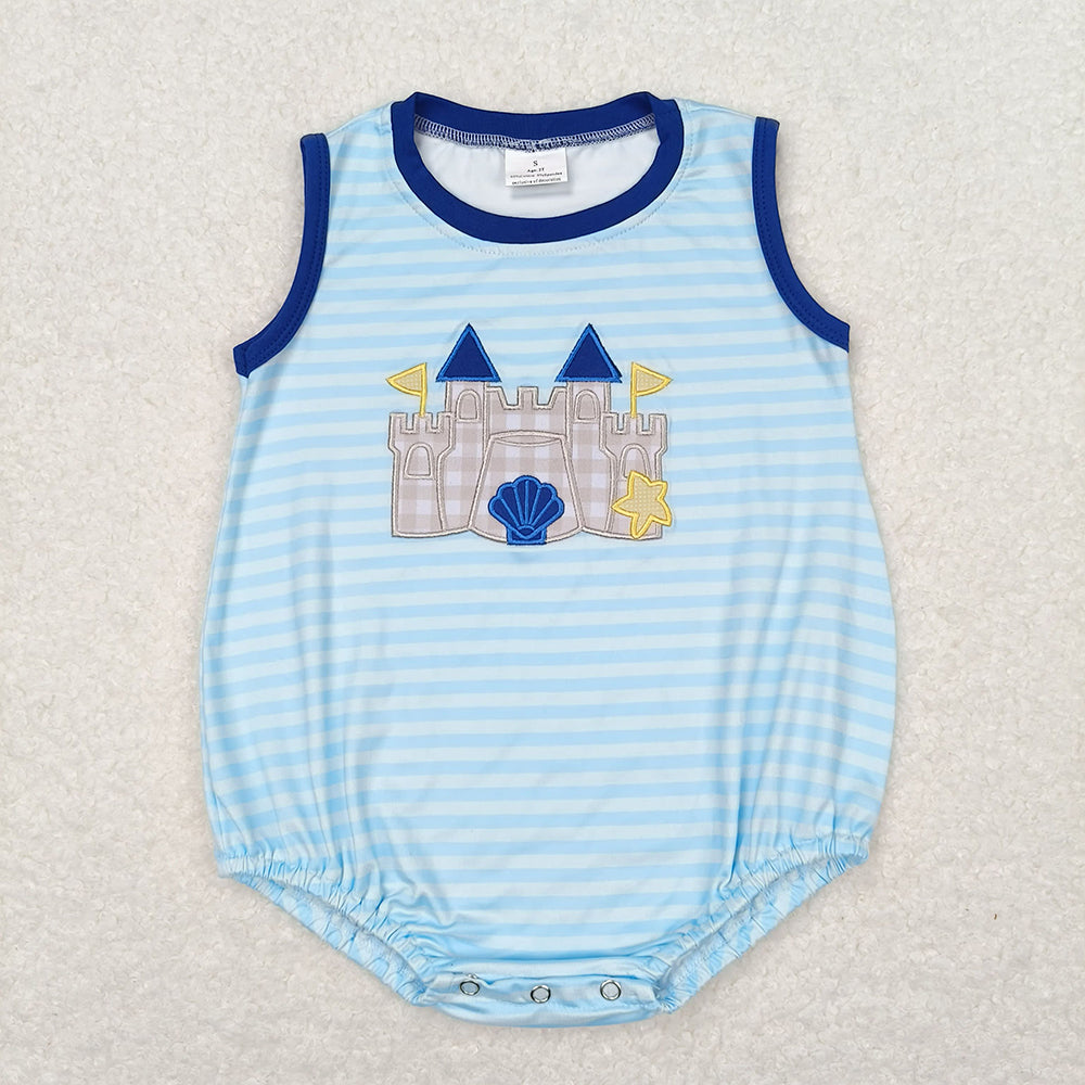 Baby Boys Summer Blue Stripes Castle Beach Rompers