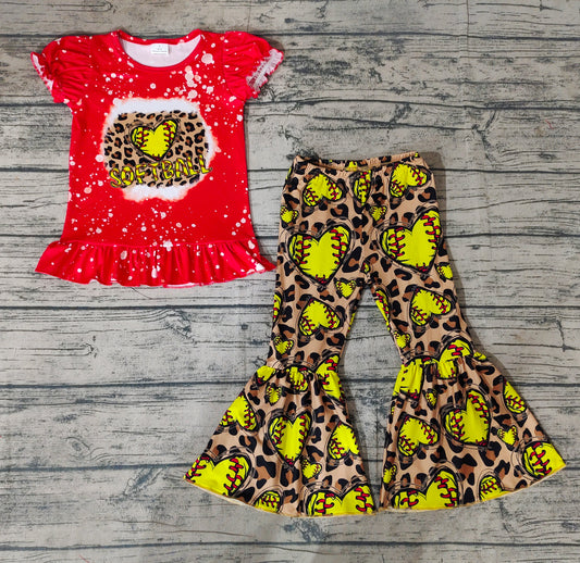 Baby Girls Softball Short Sleeve Tops Shirts Leopard Bell Pants Clothes Sets