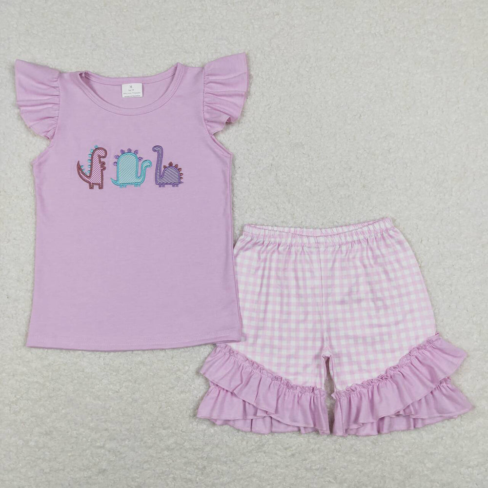 Baby Girls Lavender Dinosaur Top Checkered Shorts Clothes Sets