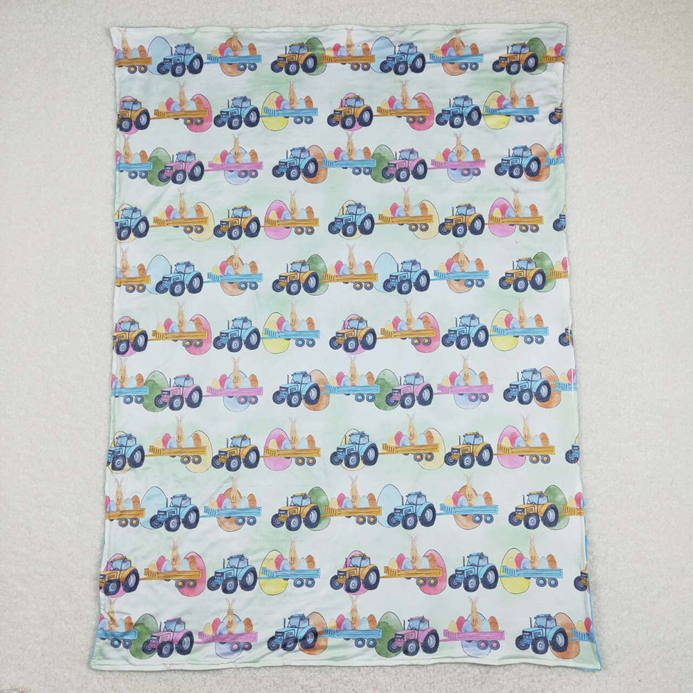 Baby Boys Eggs Tractors Blue Easter Minky Blankets