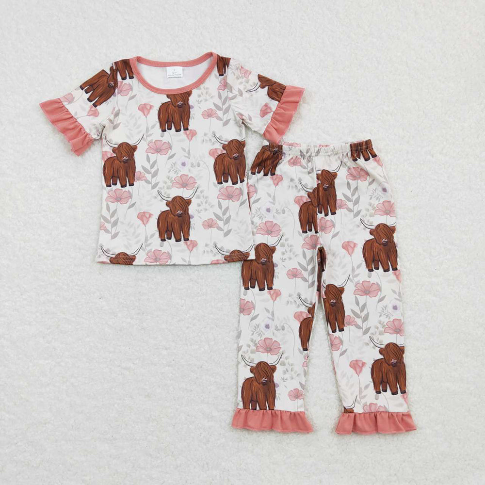 Baby Girls Short Sleeve Ruffle Tee Shirts Highland Cow Pajamas Clothing Sets