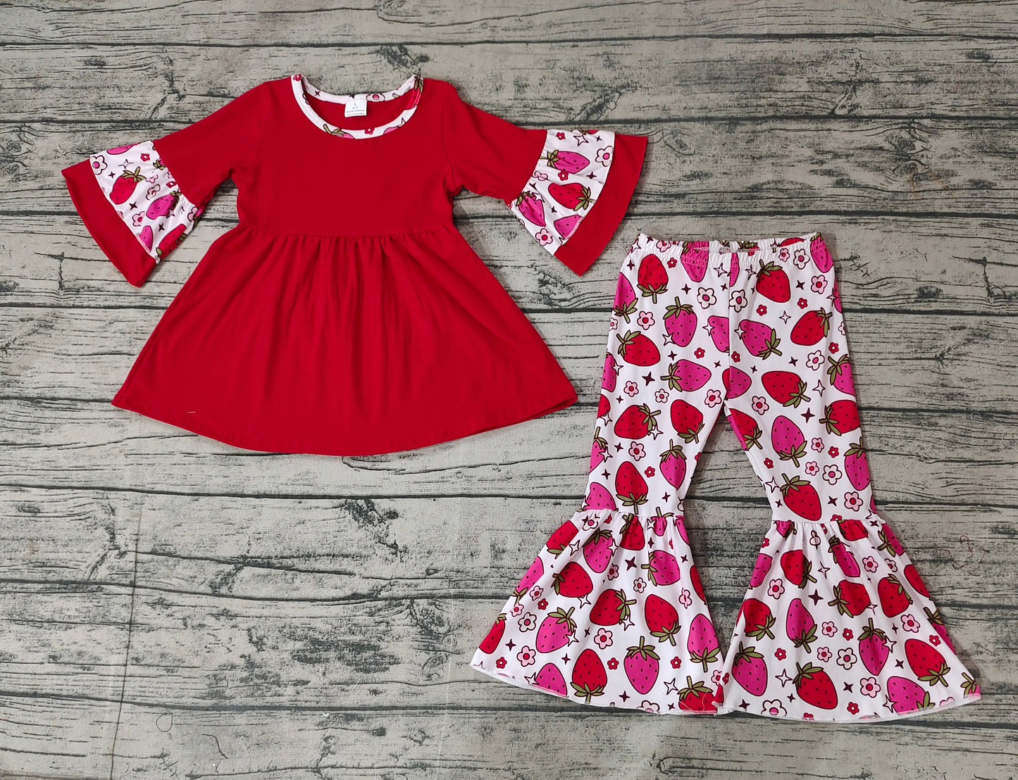 Baby Girls Red Short Sleeve Top Strawberry Bell Bottom Pants Clothes Sets