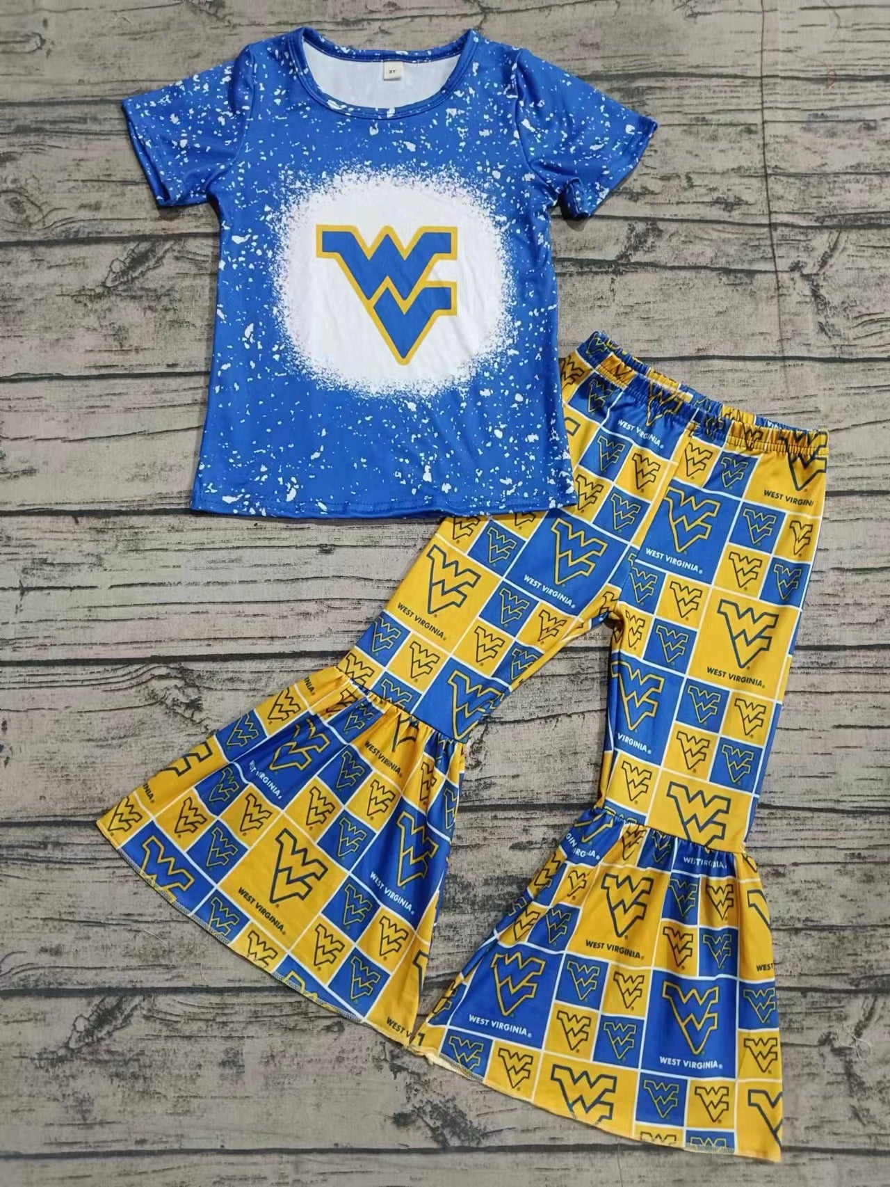 Baby Girls Blue Yellow Cheer Team Top Bell Pants Clothes Sets preorder(MOQ 5)