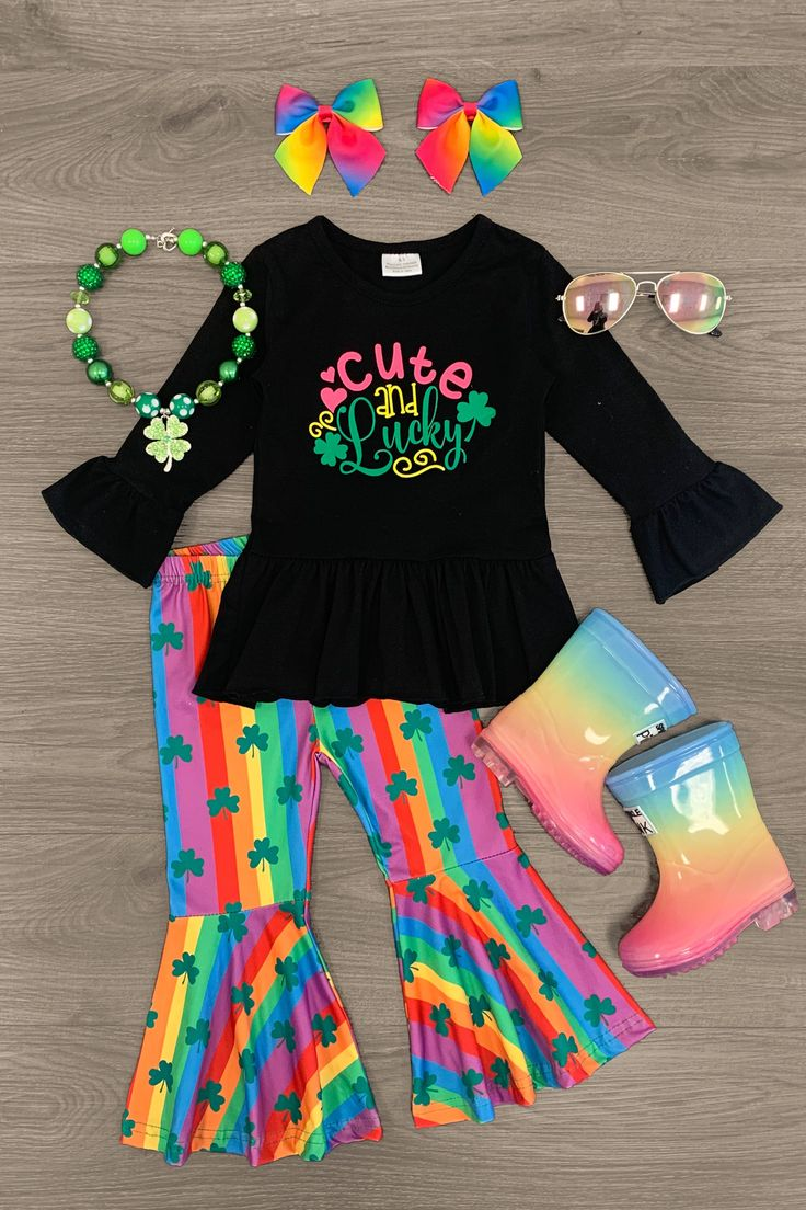Baby Girls St Patrick Day Cute and Lucky Top Colorful Bell Pants Outfits Clothes Sets preorder(moq 5)