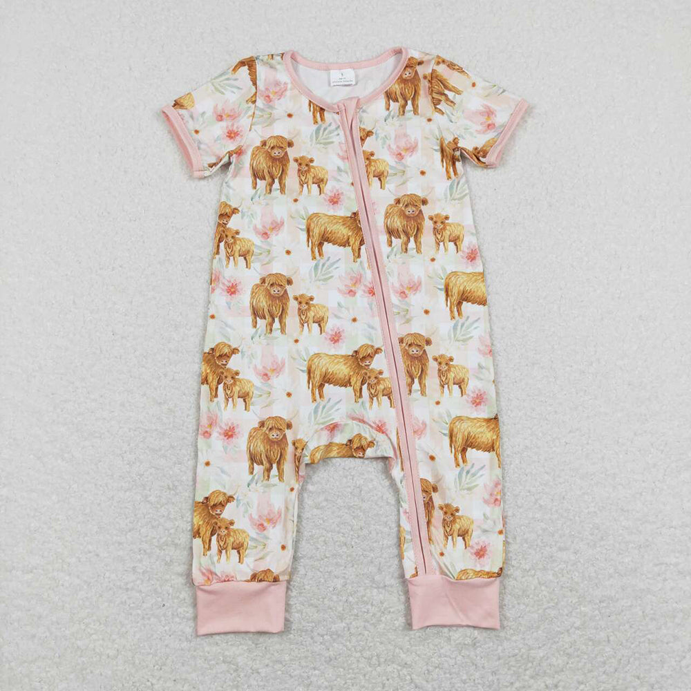 Baby Infant Girls Highland Cows Checkered Flowers Zip Rompers