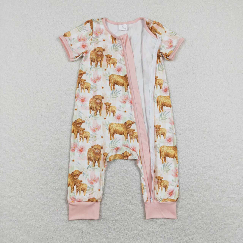 Baby Infant Girls Highland Cows Checkered Flowers Zip Rompers