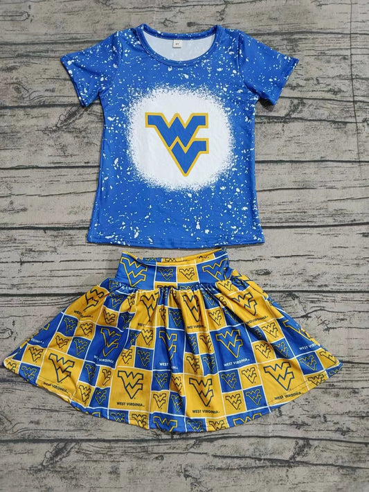 Baby Girls Blue Yellow Cheer Team Top Skirt Clothes Sets preorder(MOQ 5)