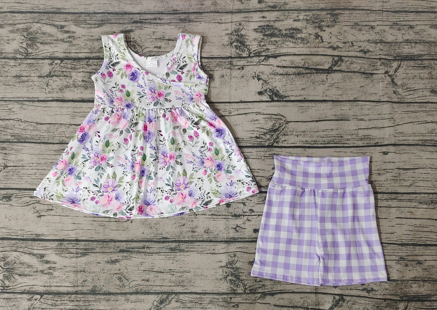 Baby Girls Lavender Floral Tunic Top Checkered Shorts Clothes Sets
