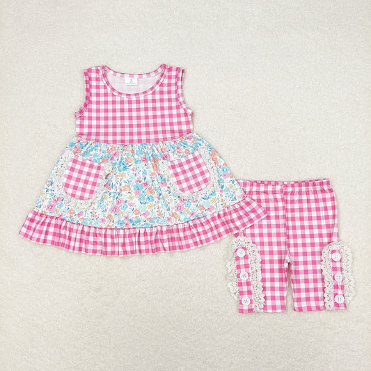 Baby Girls Pink Checkered Floral Tunic Top Ruffle Middle Length Shorts Clothes Sets