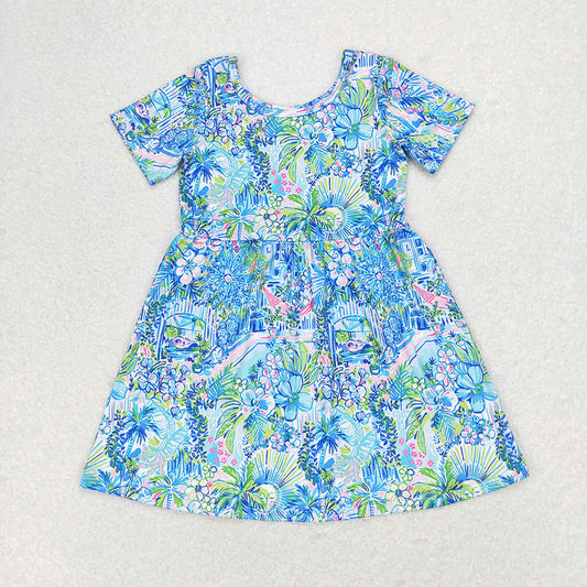 Baby Girls Blue Flowers Short Sleeve Knee Length Dresses