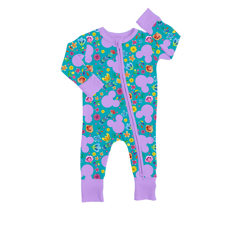 Baby Girls Purple Cartoon Flowers Zip Rompers preorder(moq 5)