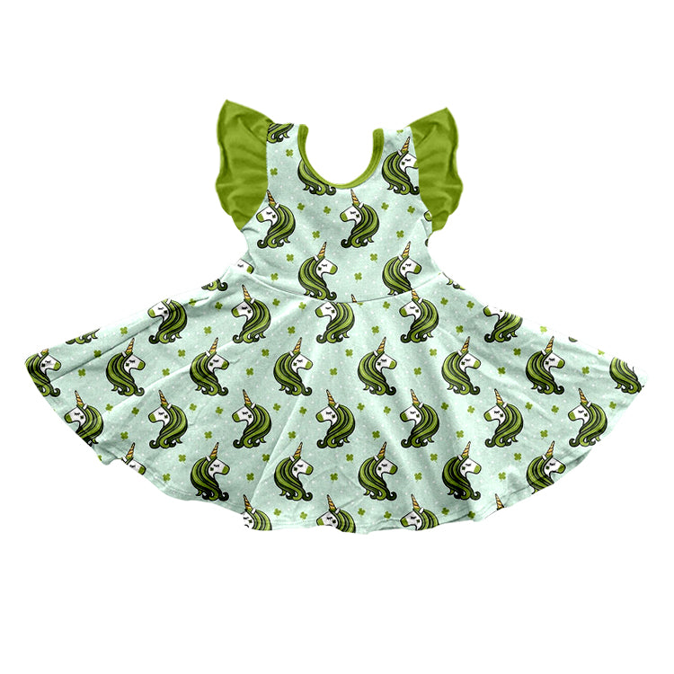 Baby Girls Green Unicorn Knee Length Flutter Sleeve Dresses Preorder(moq 5)