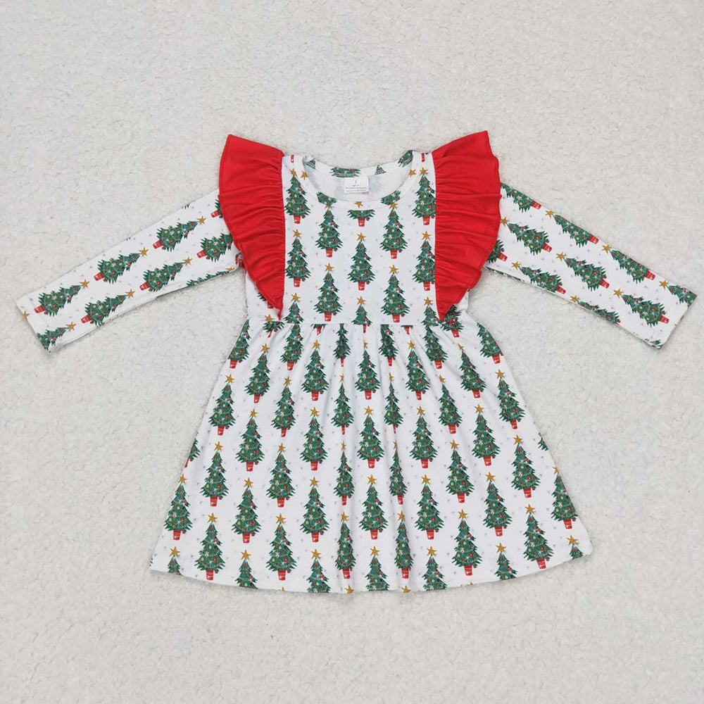 Baby Girls Christmas Tree Ruffle Long SleeveKnee Length Dresses