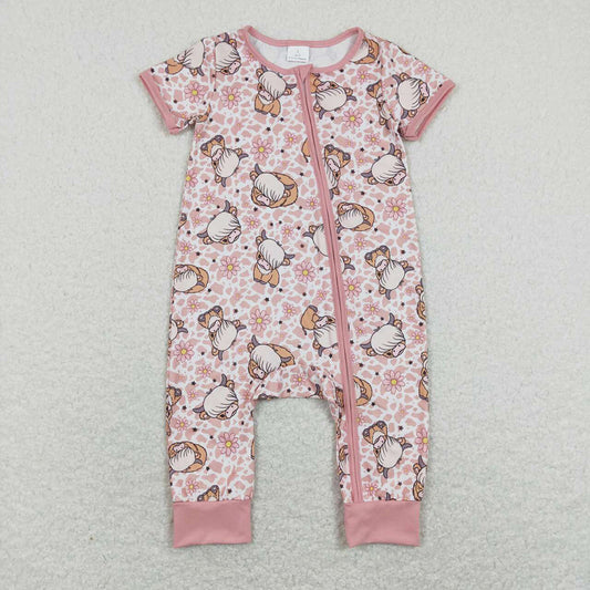 Baby Girls Pink Highland Cow Zip Short Sleeve Rompers