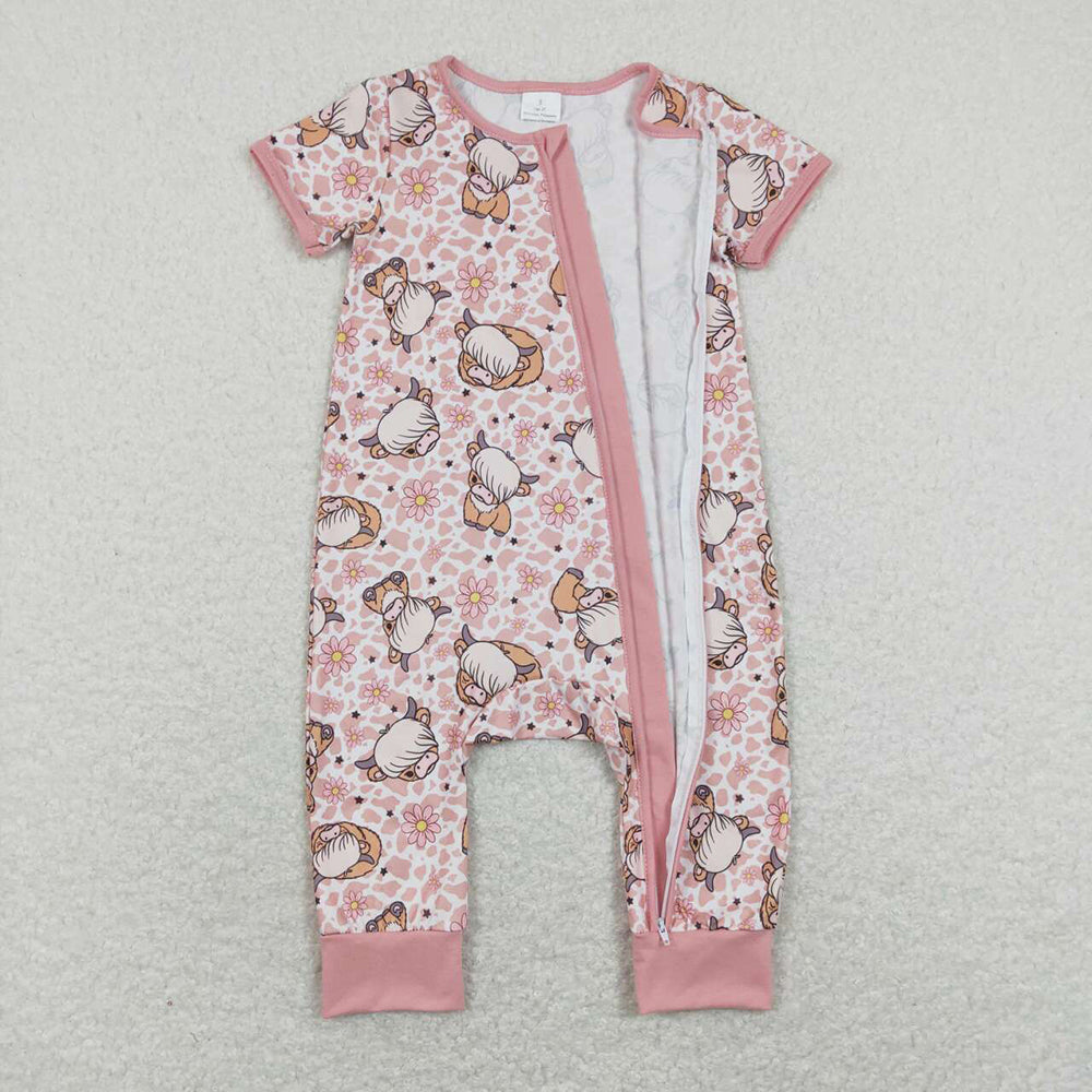 Baby Girls Pink Highland Cow Zip Short Sleeve Rompers