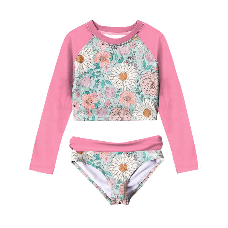 Baby Girls Pink Flowers Long Sleeve Two Pieces Swimsuits preorder(moq 5)