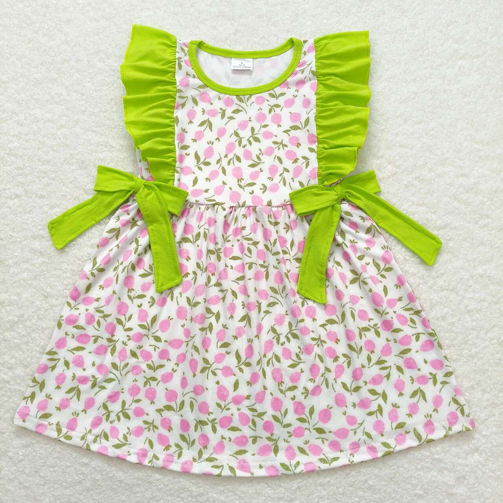 Baby Girls Pink Green Flowers Bows Ruffle Knee Length Dresses