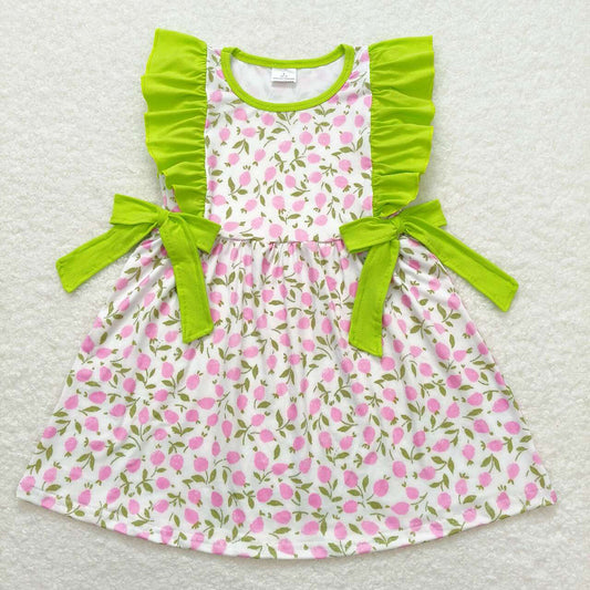 Baby Girls Pink Green Flowers Bows Ruffle Knee Length Dresses