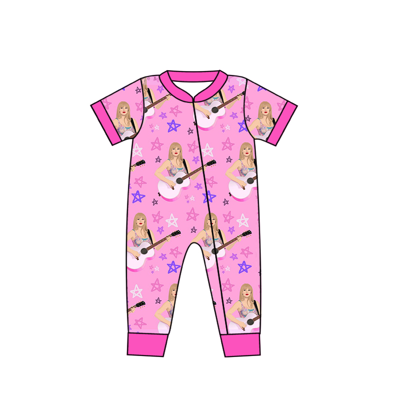 Baby Girls Pink Guita Singer Short Sleeve Zip Rompers preorder(moq 5)